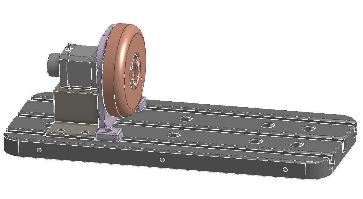 CAD render of the clock-spring FFC wire validation testbed: a stepper-driven copper disc fixture