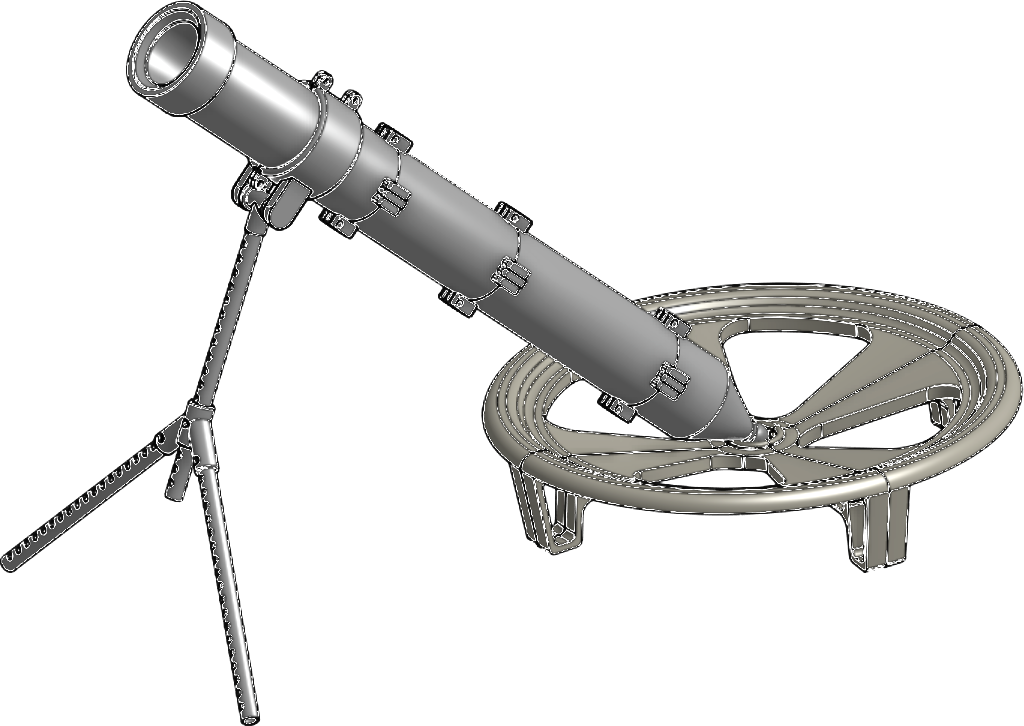 CAD render of the full fin-stabilized mortar assembly — tube, bipod, and five-spoke baseplate