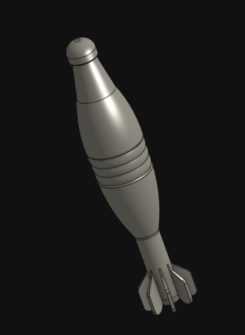 CAD render of fin-stabilized mortar hardware